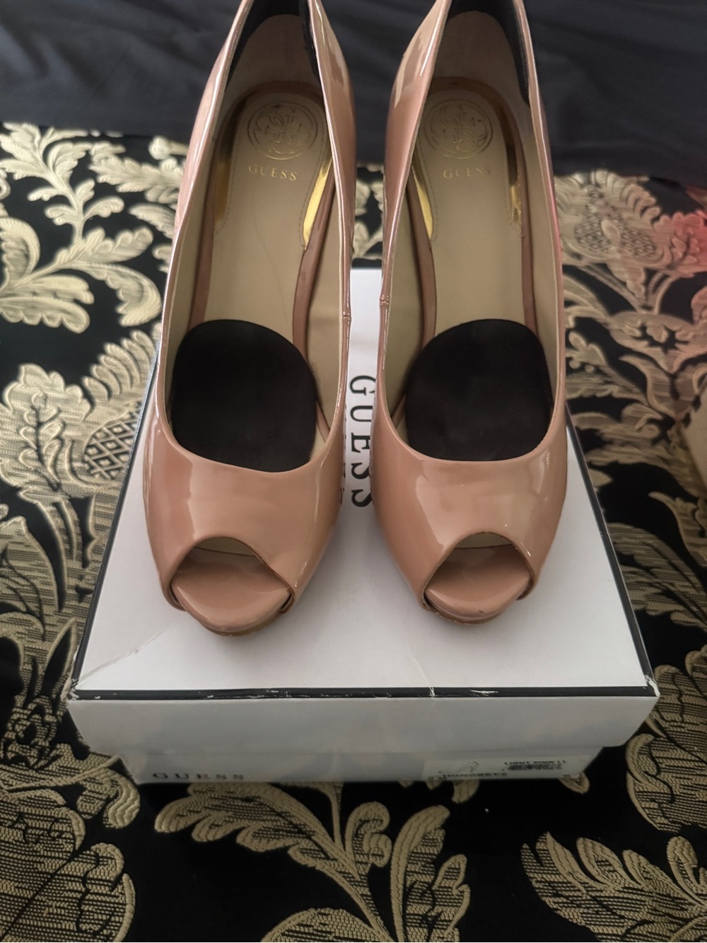 GUESS Blush Patent Peep-Toe Platform Pumps